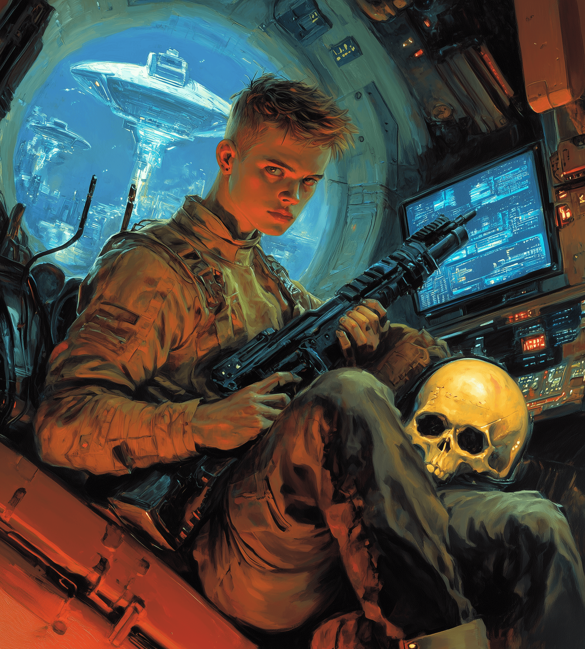 AI generated: A young man with short hair, holding an electric rifle and sitting on top of a skull-shaped helmet i...