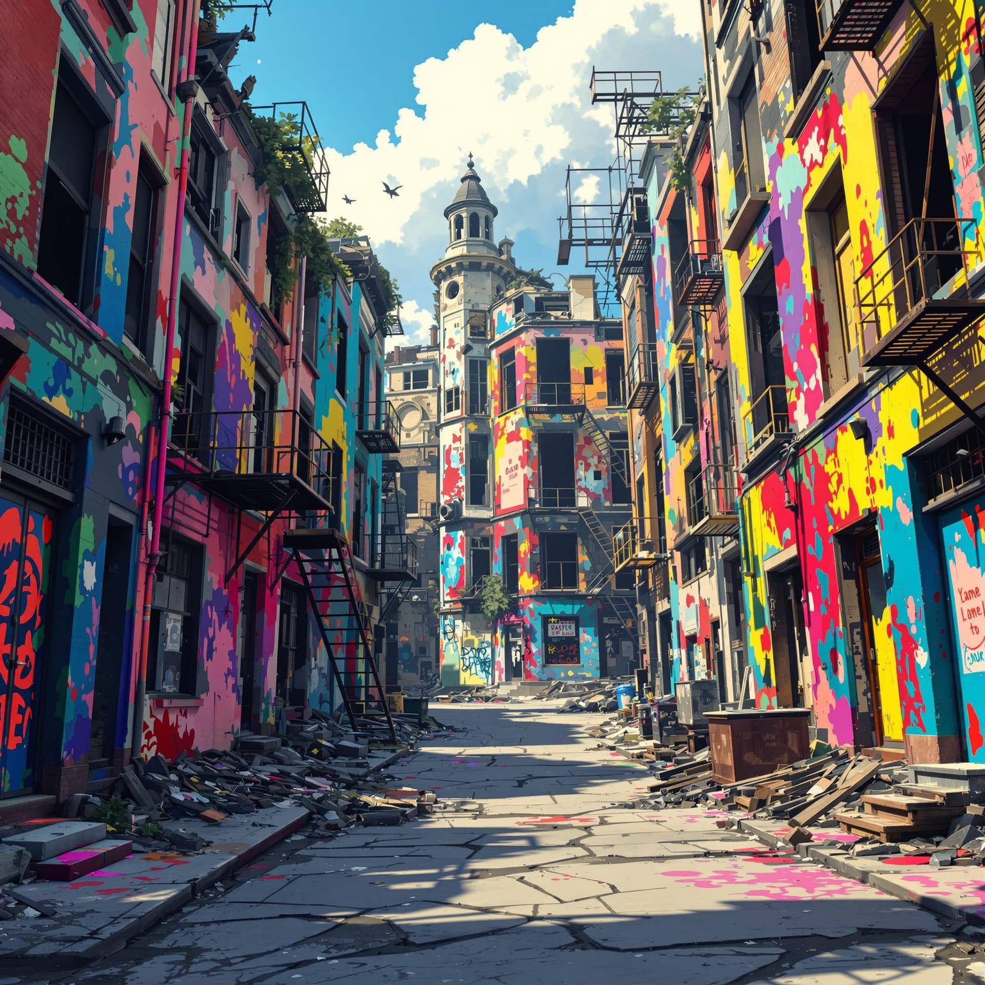 AI generated: front view of A destroyed abandoned urban anime ghetto neighborhood really run down abandoned buildi...