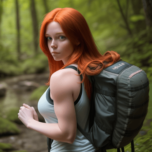 AI generated: a redhead woman with long hair goes for a hike in nature .she wears short shorts and a tank top with...
