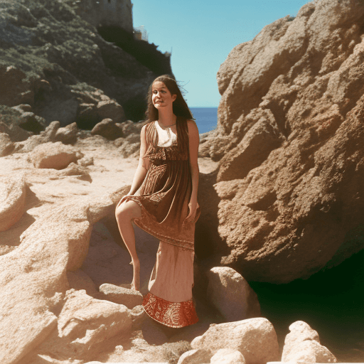 AI generated: a spanish girl brown hair, brown eyes, with a hippie dress in the mediterranean coast. captured with...