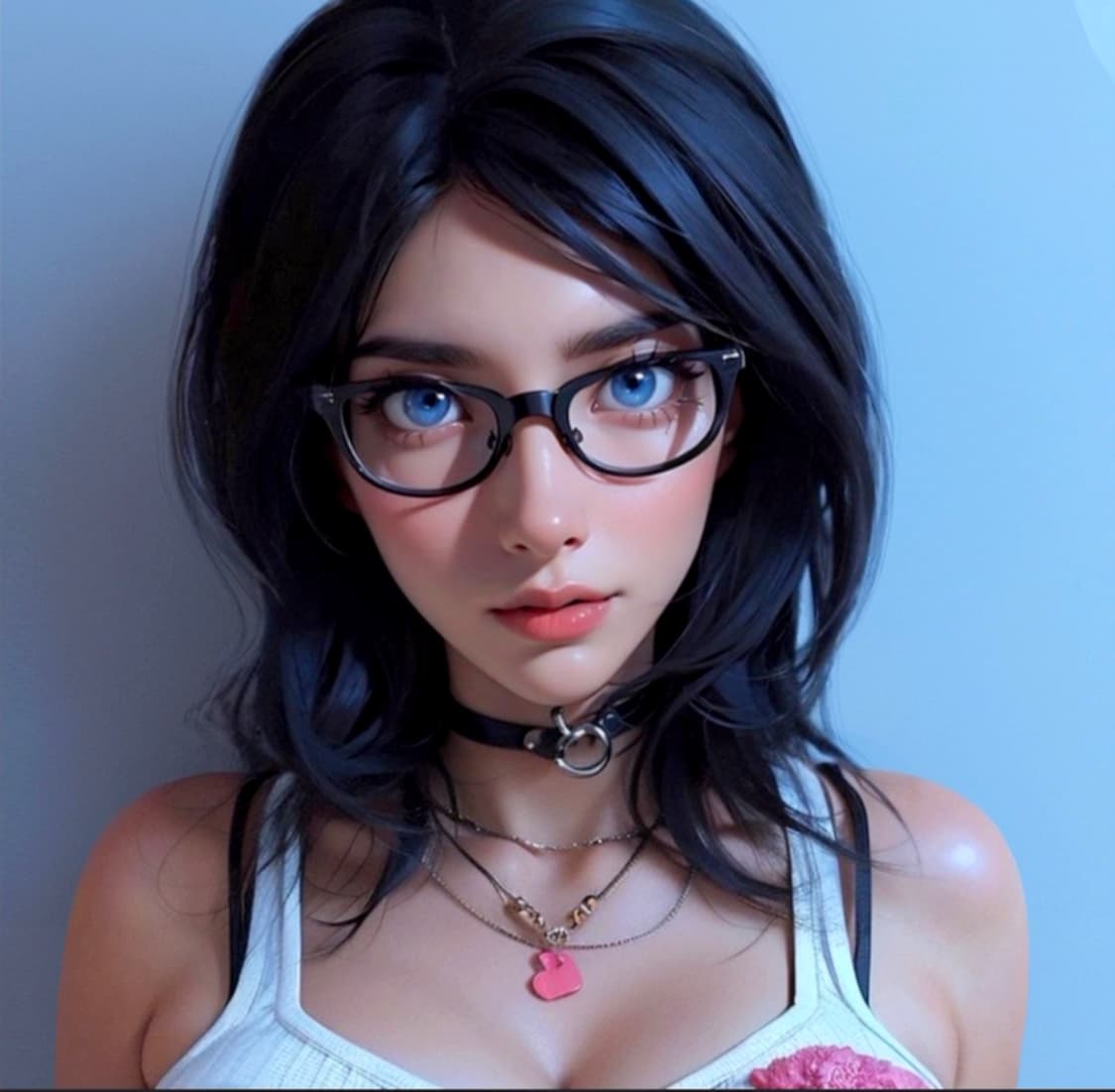 AI generated: Close-up photo of a pretty girl, with reading glass, choker, necklace accessories, tank top, curvy b...