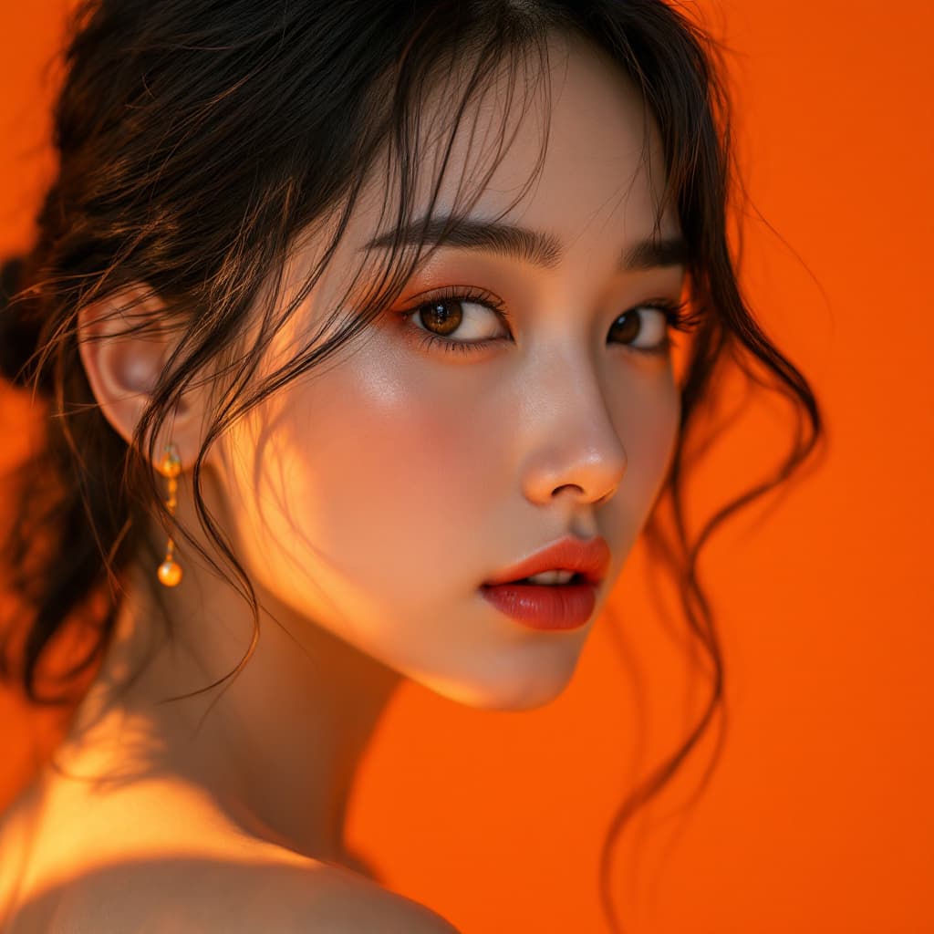 AI generated: photography, orange hue, korean woman model, solid orange backdrop, using a camera setup that mimics...