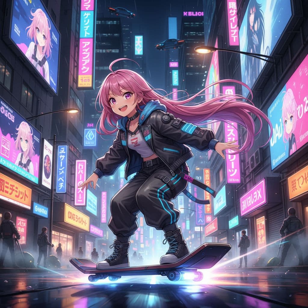AI generated: /imagine prompt: A vibrant and colorful anime character with flowing pink hair and large, expressive...