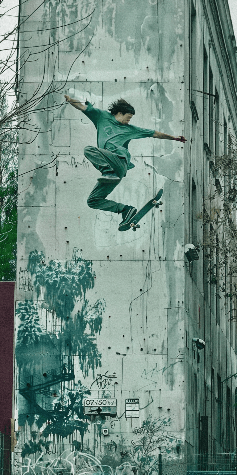 AI generated: hyperrealistic photo, skateboarder jumping, street style, urban, photorealistic, extreme details, Hi...