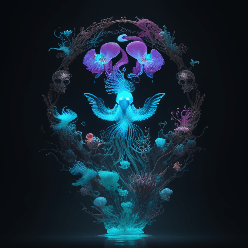 AI generated: bird+jellyfish phoenix head, nautilus, orchid, skull, betta fish, bioluminiscent creatures, intricat...