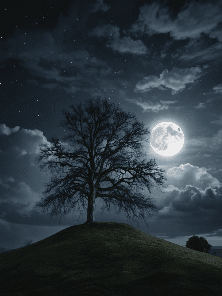 AI generated: realistic,highres,reality,A dark night with faint stars showing between many clouds,a full moon illu...