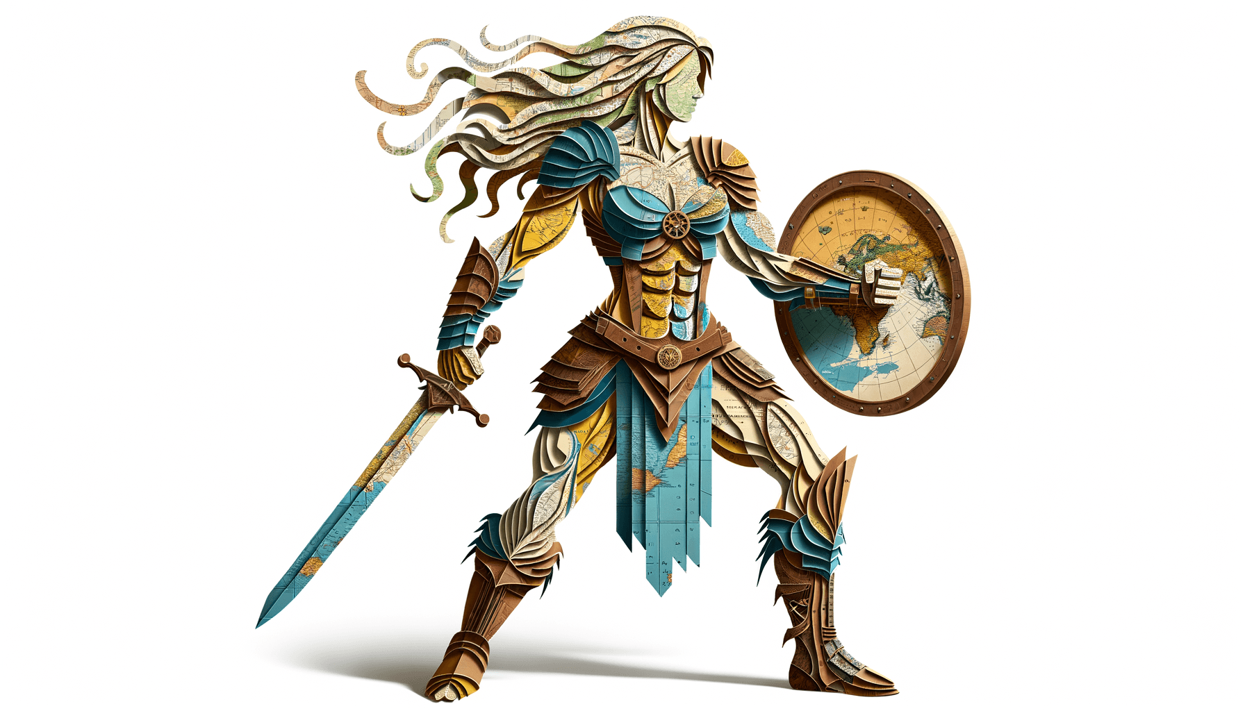AI generated: Female barbarian warrior made of maps