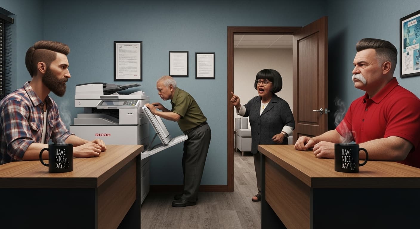 AI generated: Generate a realistic lifelike image of a small office, there are two corner desks opposite each othe...