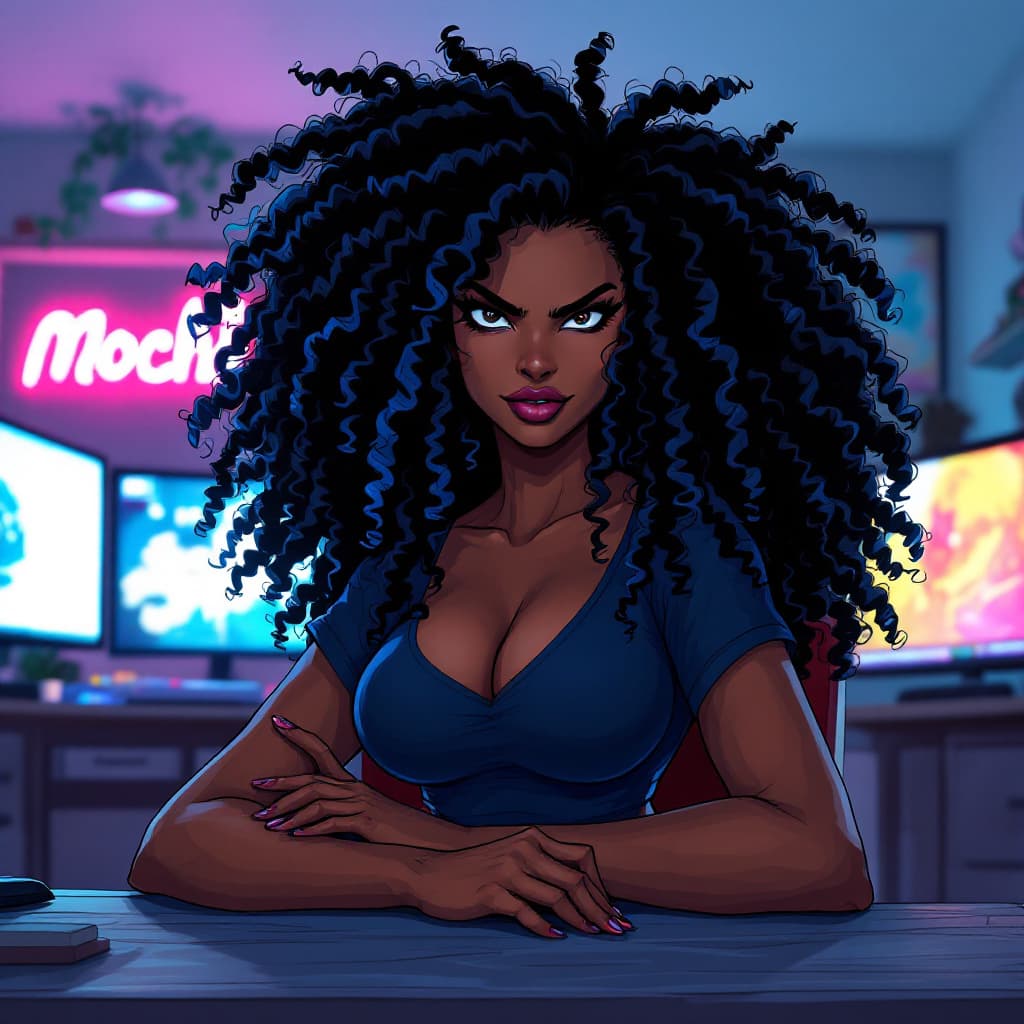 AI generated:  CHUBBY, THICK, FULL BODY IMAGE, dark brown skin, black woman, brown skin woman, anime, chibi,  naga...