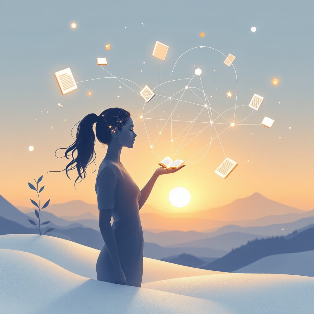 AI generated: A serene illustration depicting a female human silhouette interacting with abstract glowing lines an...