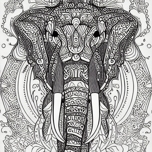 AI generated: Coloring page for adults, mandala, elephant image, white background, clean line art, fine line art
