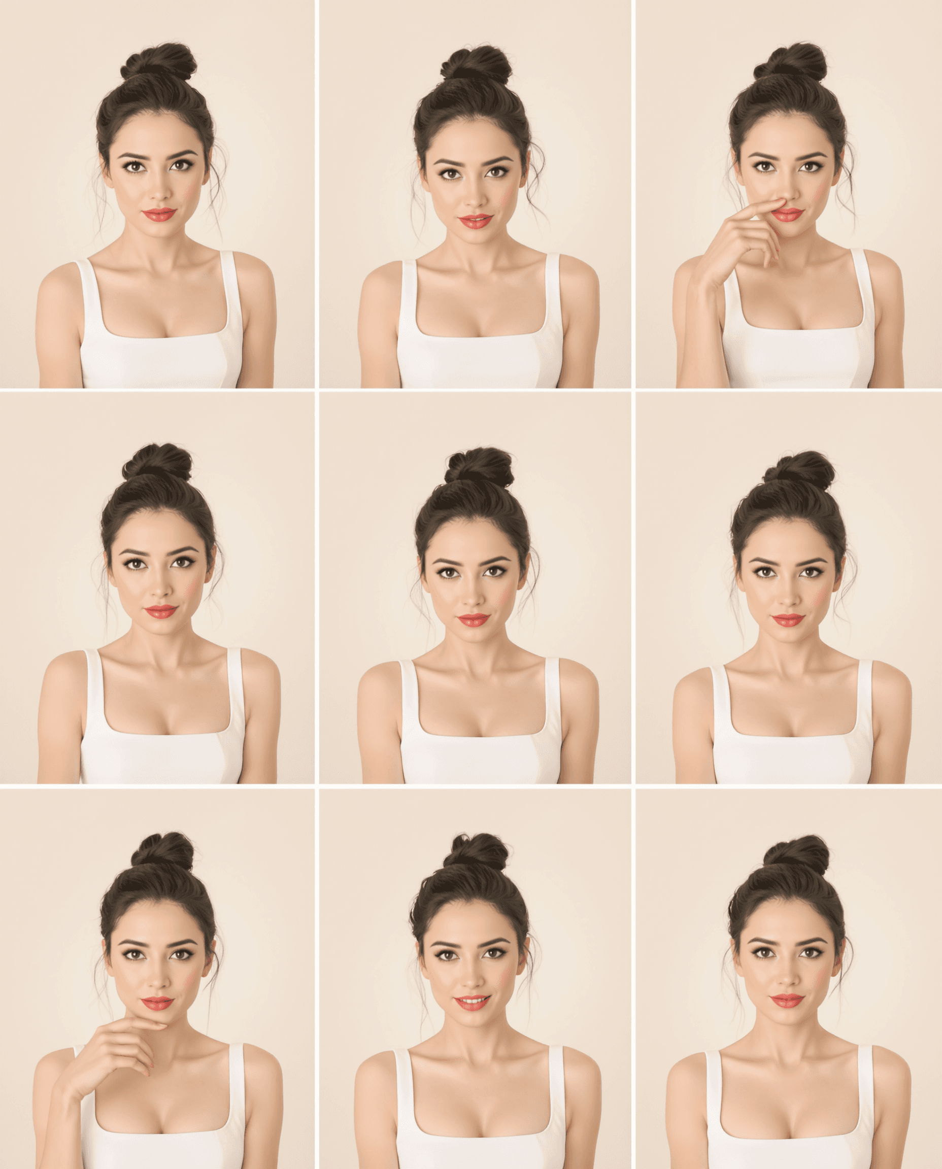 AI generated: "A 3x3 grid of a British Caucasian woman in multiple natural and elegant full-body poses. She has a ...