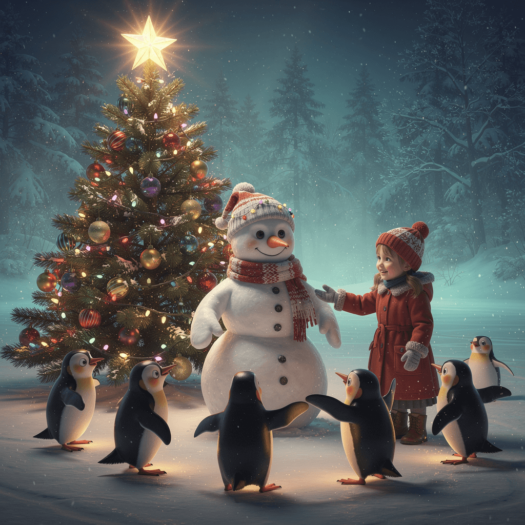 AI generated: Tall live Christmas tree lit up in full color with a brilliant Star on top, next to a  photorealisti...