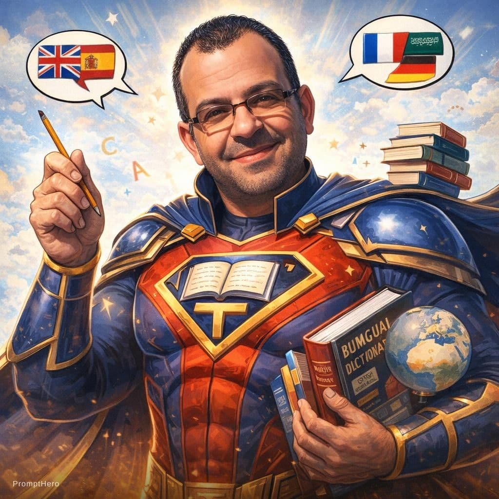 AI generated: A super hero in teaching and translation