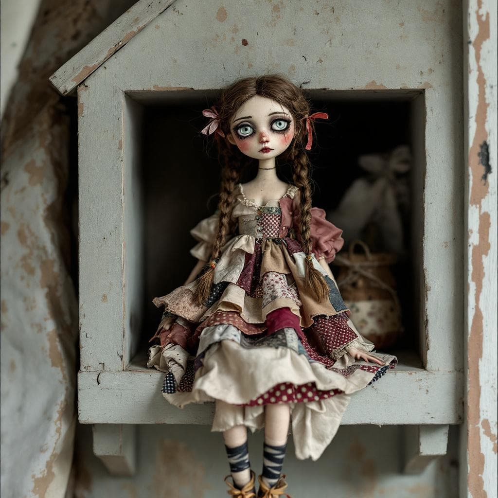 AI generated: in an attic on a shelf a female doll sits on a shelf with a melancholy expression wearing tiered, pa...