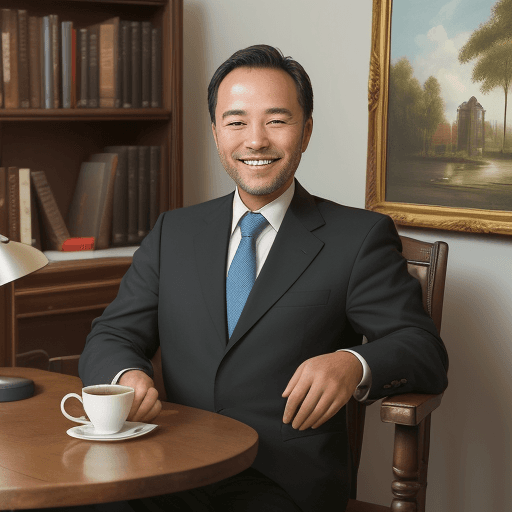 AI generated: A businessman sits on a wooden chair and smiles in front of the camera ,In front of the businessman ...