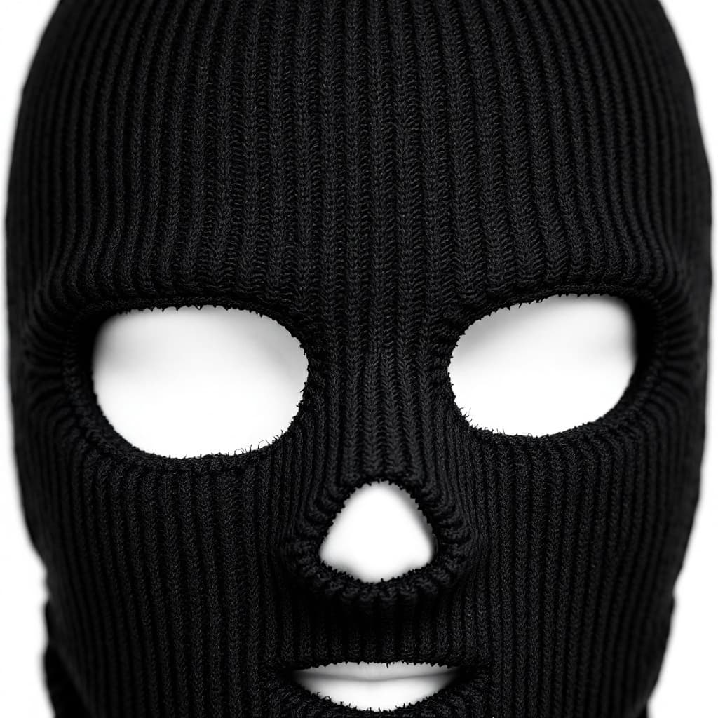AI generated: a black ribbed knit skimask, two holes for the eyes, one hole for the mouth