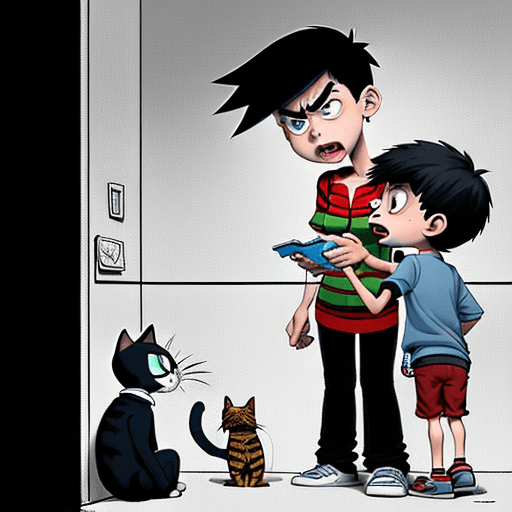AI generated: A young boy showing his empty pockets to his angry mother. The boy and his cat have a puzzled look o...