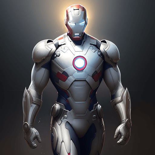 AI generated: male,  superhero, no symbol, full body portrait, fitness body, white 1930s Ironman armor with helmet...