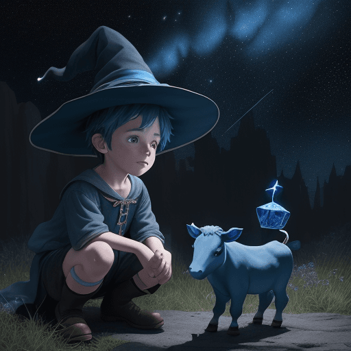 AI generated: Children’s drawing of a cute blue boy witch with a cute blue calf traveling the starry sky, dramatic...