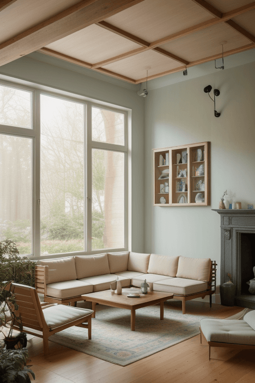 AI generated: High resolution photography interior design, dreamy sunken living room conversation pit, wooden floo...