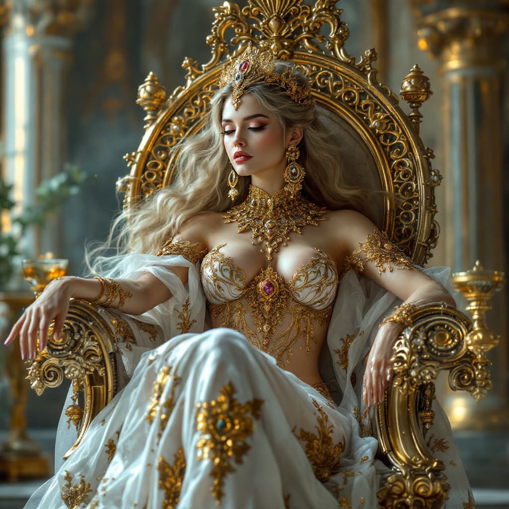 AI generated: Fantasy ,goddess of love and erotic  on a glass,golden throne, epic giant ,intricate details, orname...