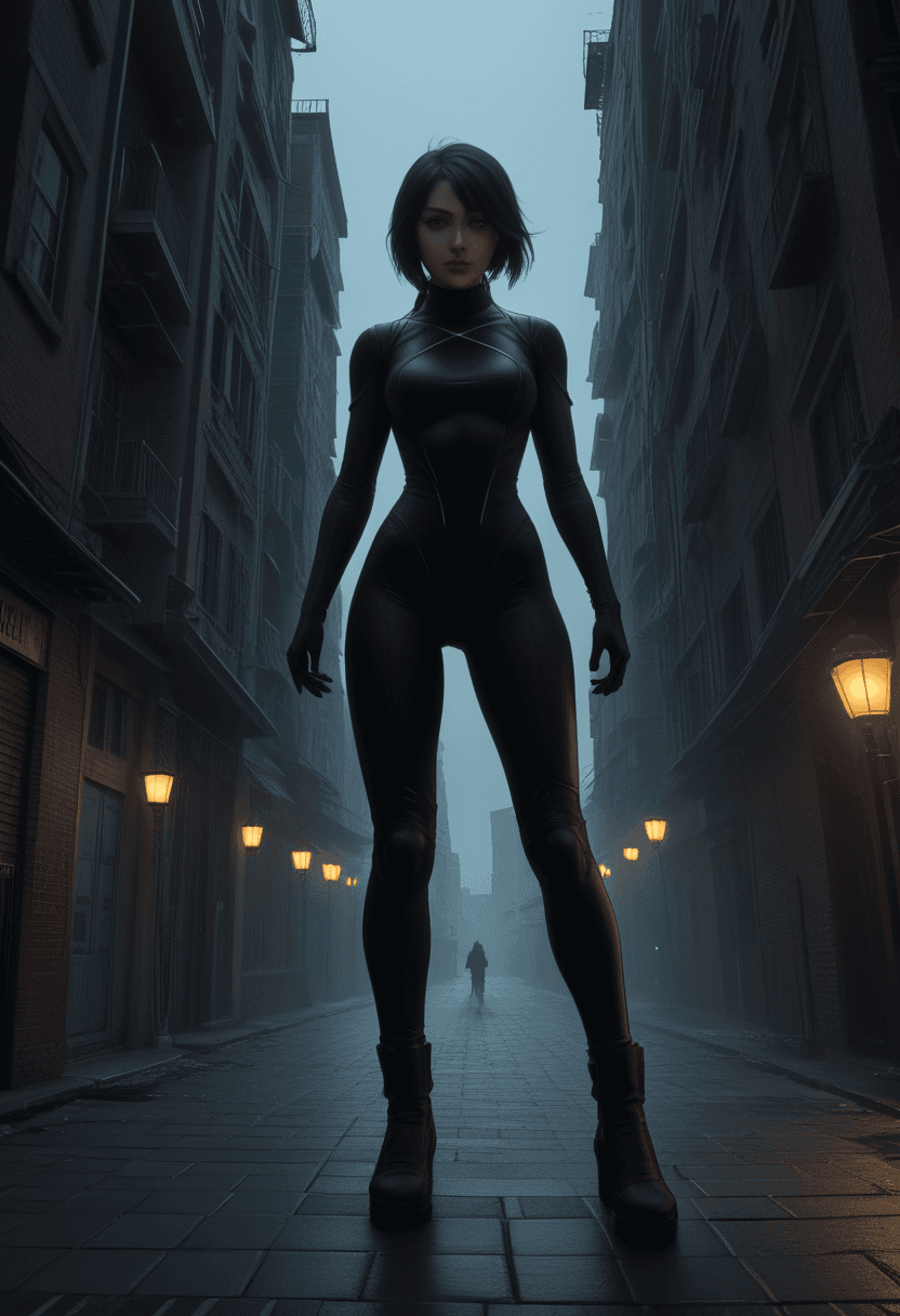 AI generated: Flat papercut style Digital artwork,concept art,a female ninja,standing on rooftop with a dark dysto...