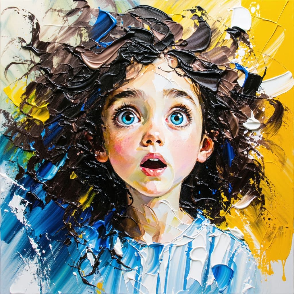 AI generated: oil painting, central close-up of a girl's face with large eyes, girl's voluminous brown curly hair ...