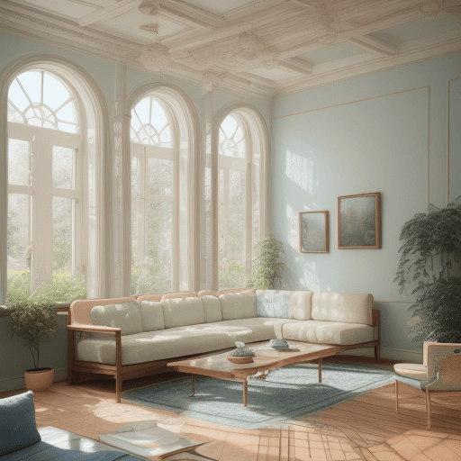 AI generated: High resolution photography interior design, dreamy sunken living room conversation pit, wooden floo...