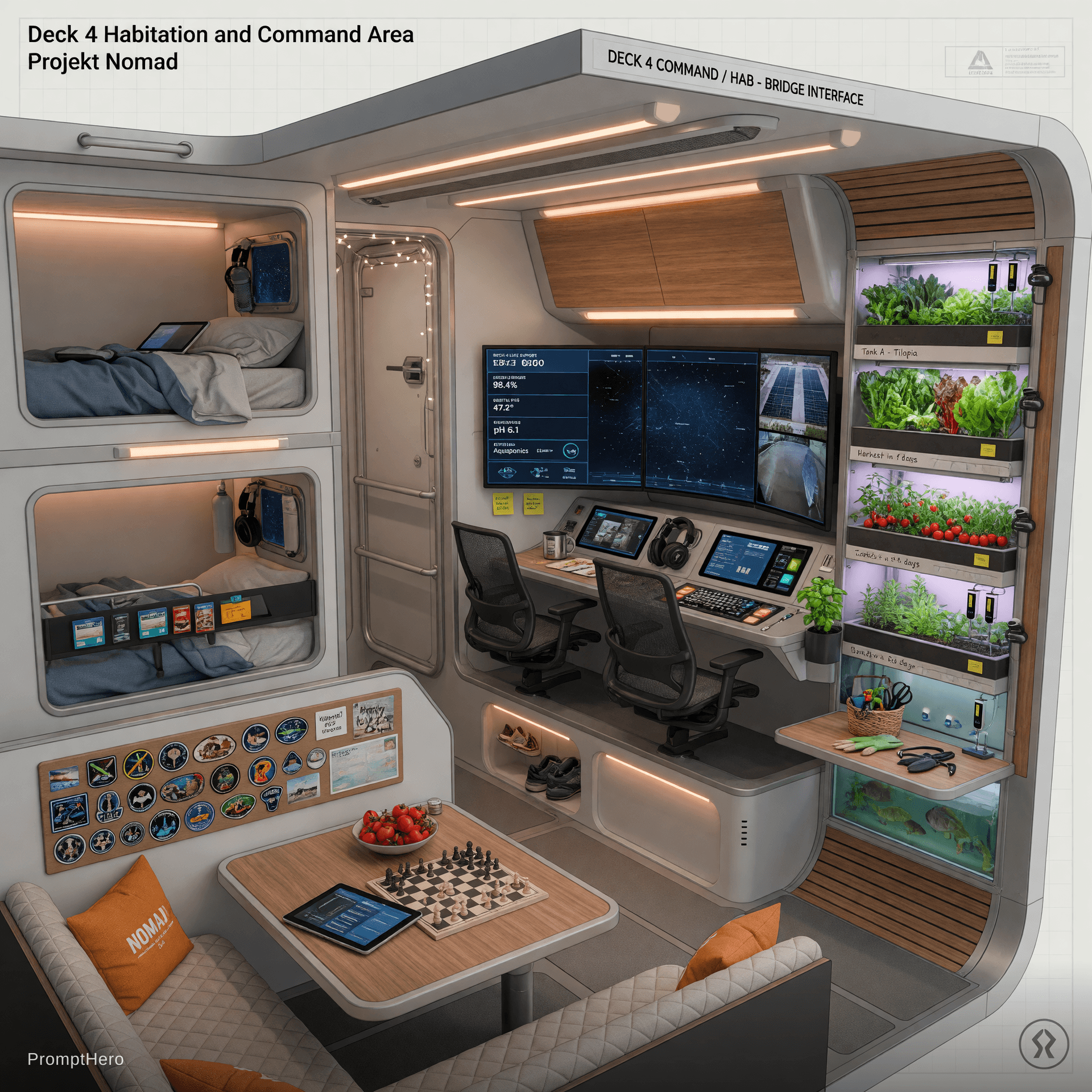 AI generated: Highly detailed technical interior close-up view of Deck 4 habitation and command area on Projekt No...