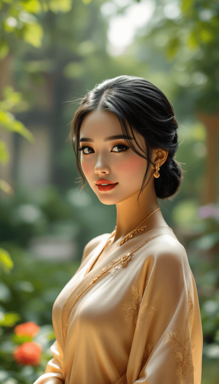 AI generated: /imagine prompt: A beautiful Thai woman with glowing tan skin, sleek black hair styled in an elegant...