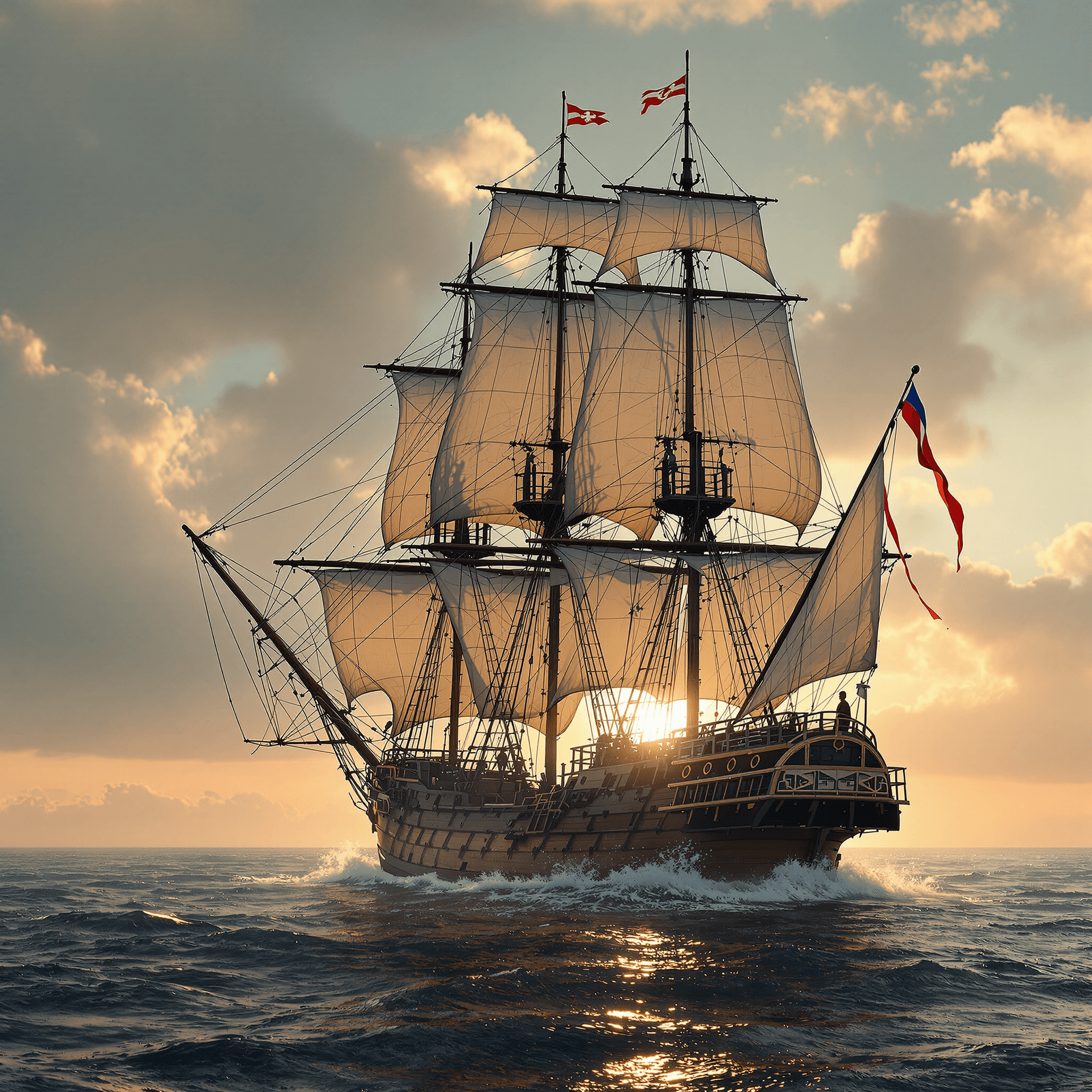 AI generated: Photo of a ultra realistic sailing ship, dramatic light, pale sunrise, cinematic lighting, battered,...