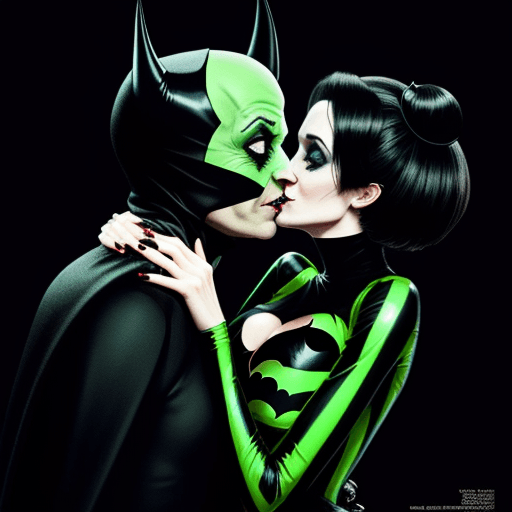 AI generated: beetle juice in a green and black batman costume trying to kiss winona ryder in a goth makeup 