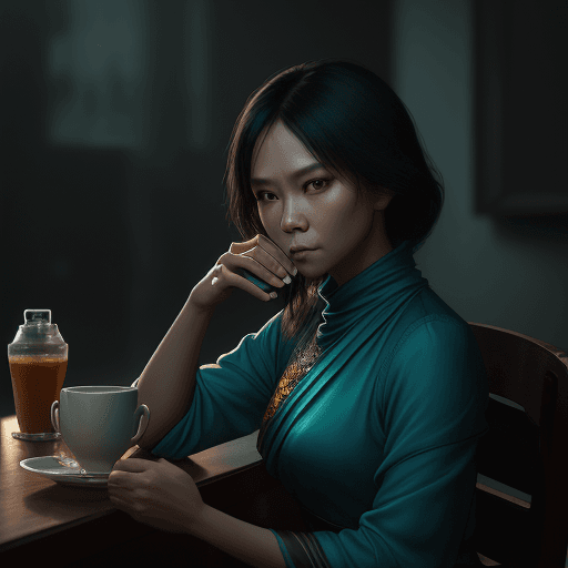 AI generated: Beautiful indonesian woman drinking coffee, in the style of moody neo-noir, ruan jia, light yellow a...