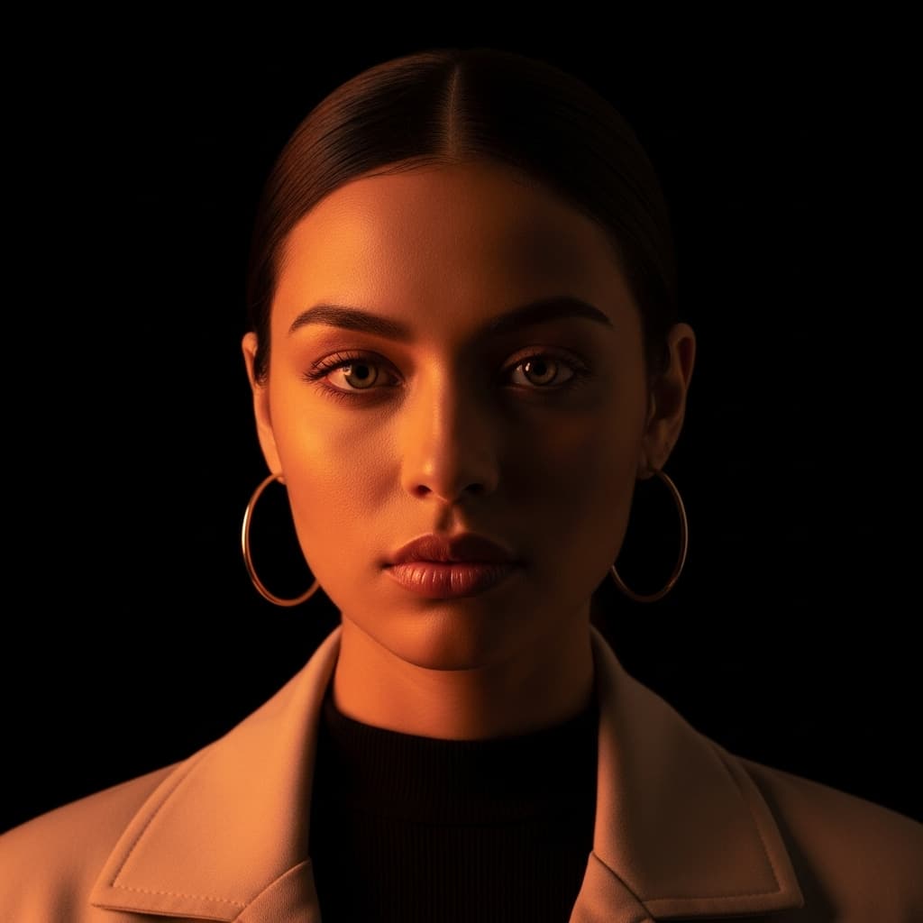AI generated: editorial photography, front shot, upper-body, female latina model, gaze, capturing a bright light b...