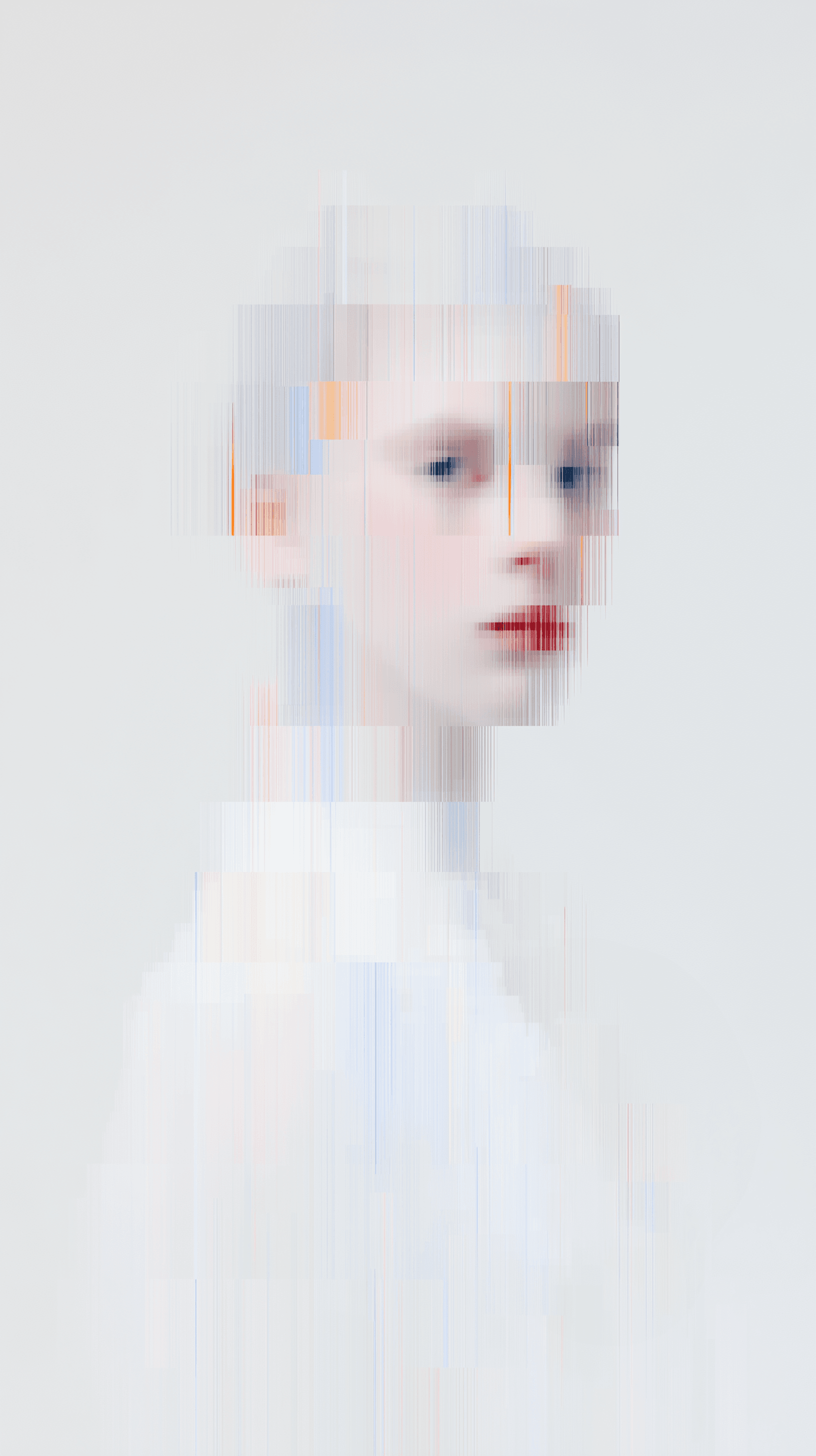 AI generated: glitch art portrait, single woman with clearly defined edges, gaze, pure white background, clean min...