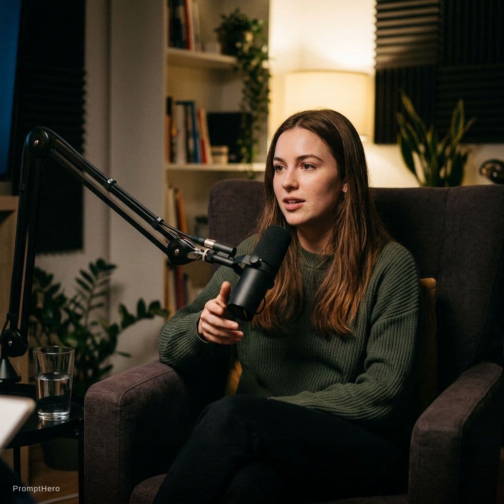 AI generated: Take the face from the input picture. A real candid late-night podcast recording moment, intimate an...