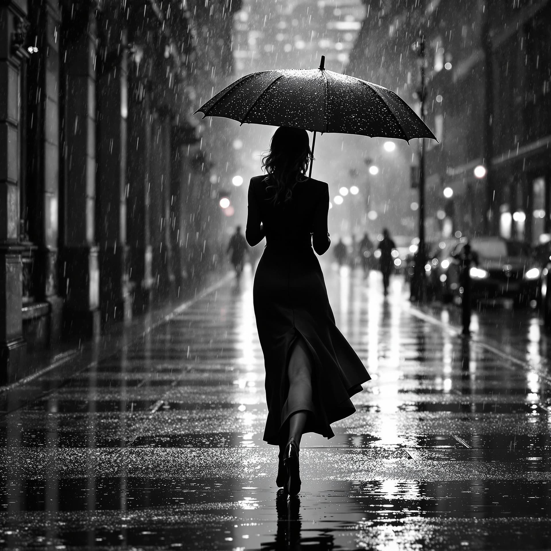 AI generated: black and white, photorealistic image of a woman walking down a rainy street, holding a stylish umbr...