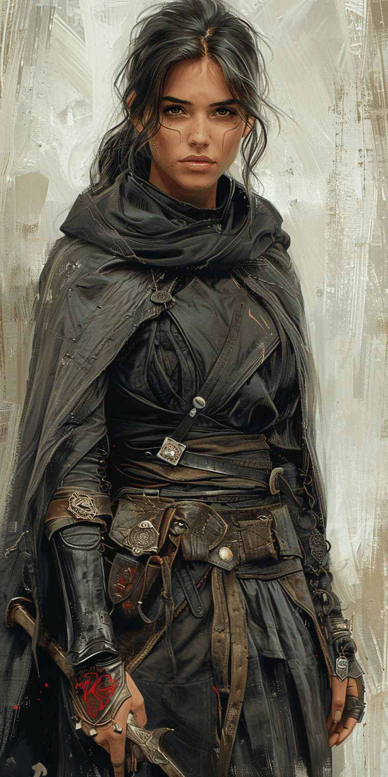 AI generated: D&D character art of a female elf with dark hair and grey skin, wearing black leather armor and a lo...