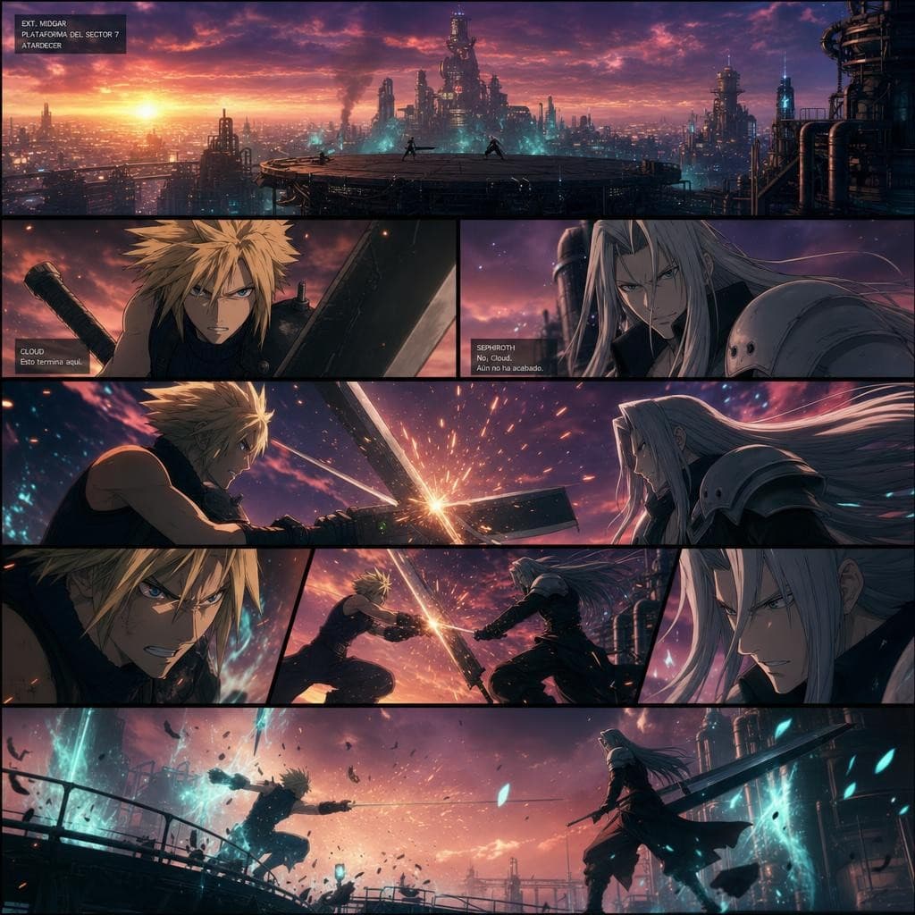 AI generated: Una intensa batalla de espadas entre Cloud Strife y Sephiroth de Final Fantasy VII: Cloud se enfrent...