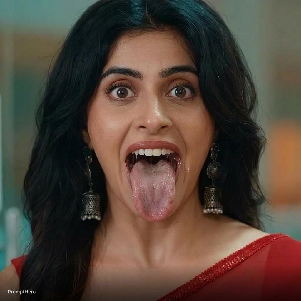 AI generated: Edit this by decreasing her tongue length slightly bit but make it normal long tongue length medium ...