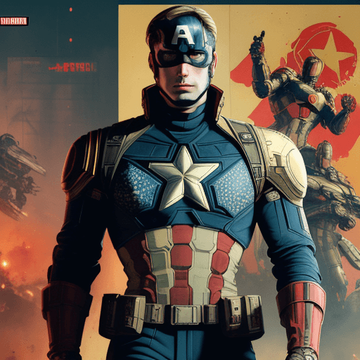 AI generated: Captain America in a damaged futuristic suit (cyberpunk golden armor), style Soviet poster, USSR pos...