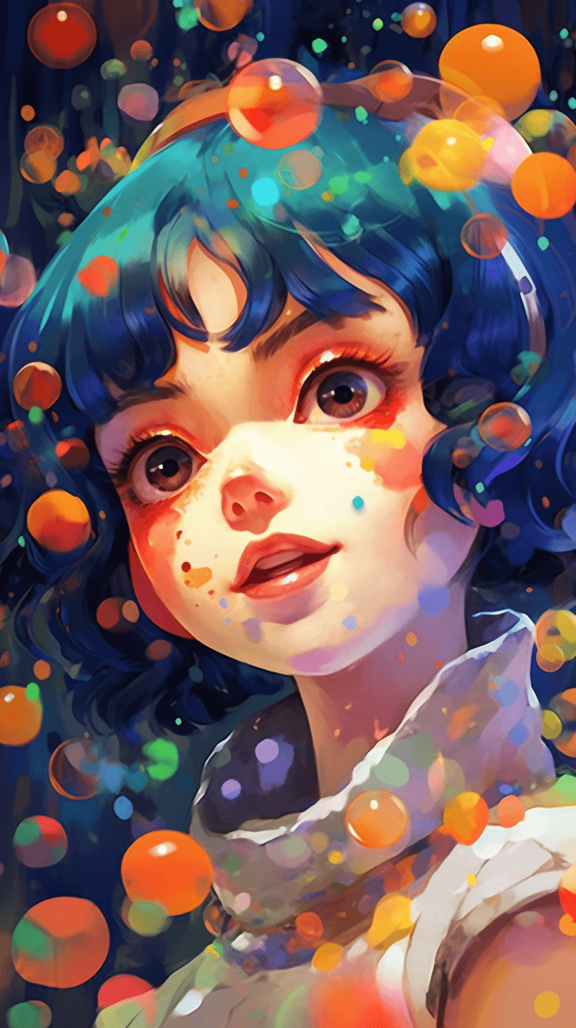 AI generated: A playful, mischievous anime face surrounded by floating bubbles and colorful confetti, Icygraphic, ...