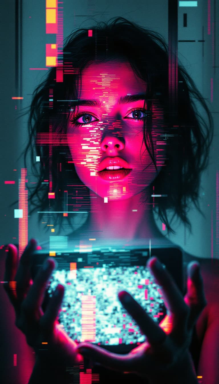 AI generated: Digital Glitch Art, Pixelated Forms, Distorted Colors, Disruptive, Woman Holding a Broken Screen Gli...