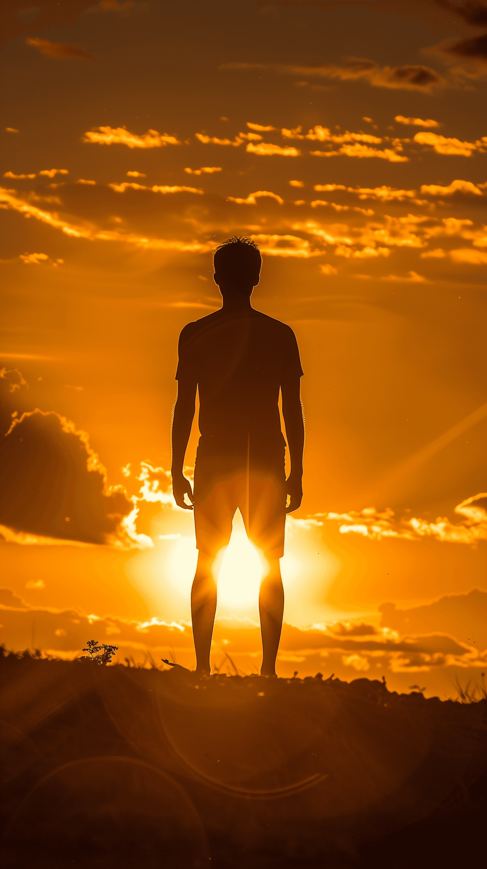 AI generated: depict a male figure facing away from the viewer, silhouetted against a golden sunset that bathes th...