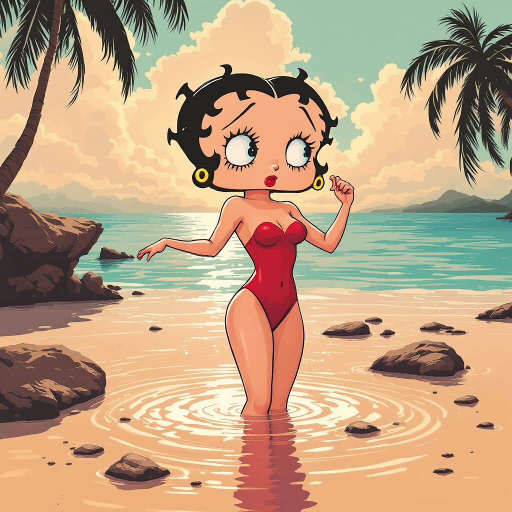AI generated: Betty Boop stands in the water, in the style of light beige and red, hustlewave, vacation dadcore, t...