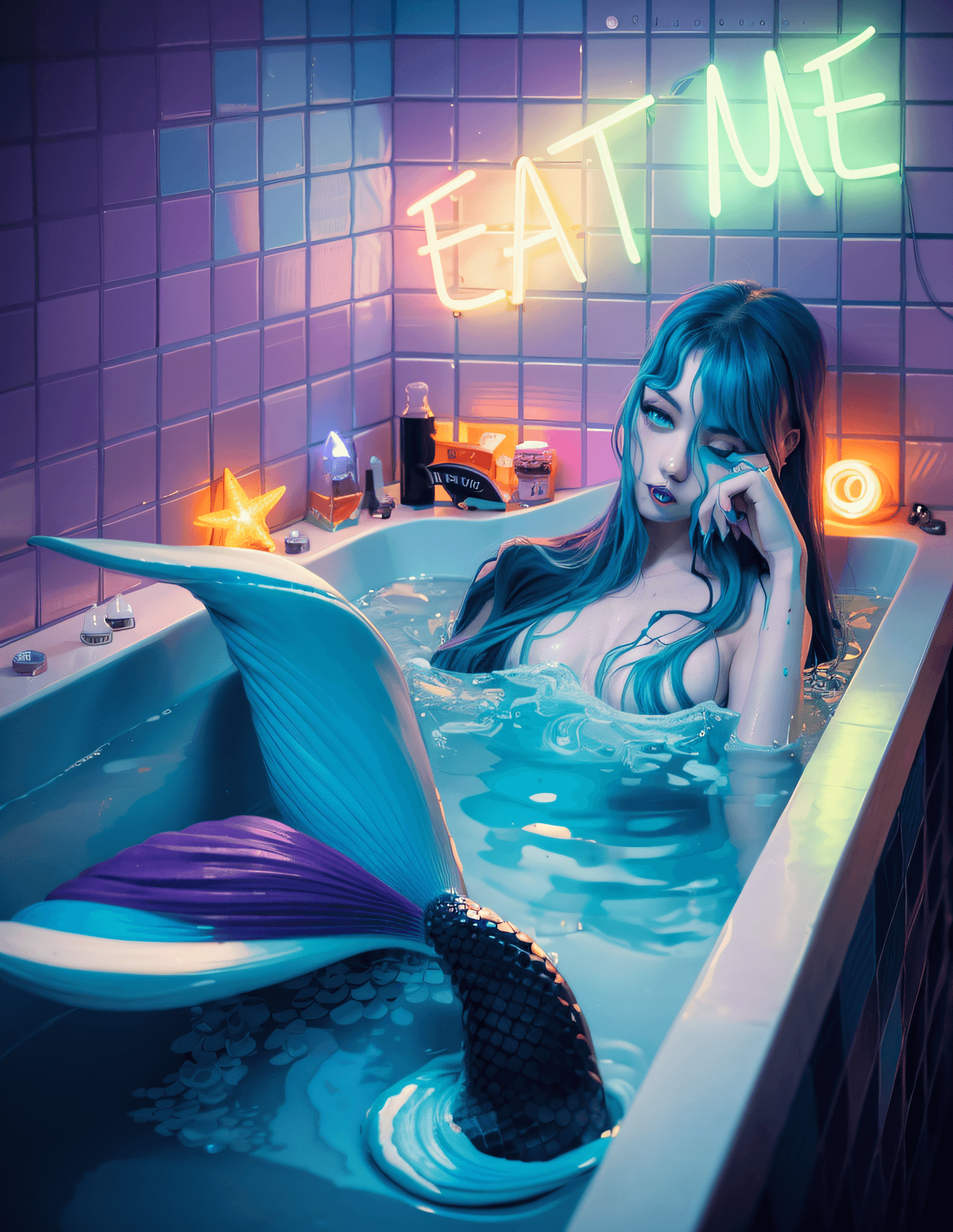 AI generated: mermaid in a bathtub with a neon sign above it, jen bartel, inspired by Harumi Hironaka, tara mcpher...