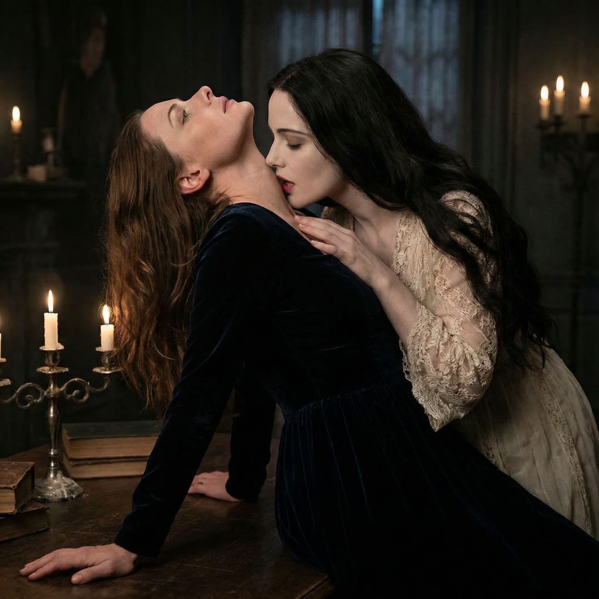 AI generated: Rebecca Ferguson being bitten by a female vampire sexy