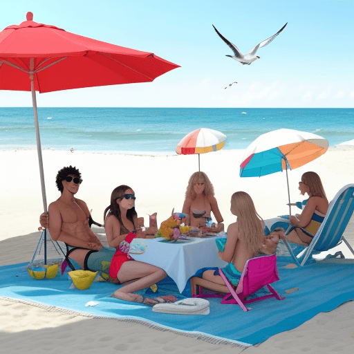 AI generated: A group of friends enjoying a day at the beach.The sun is shining and the sky is clear.Waves are gen...