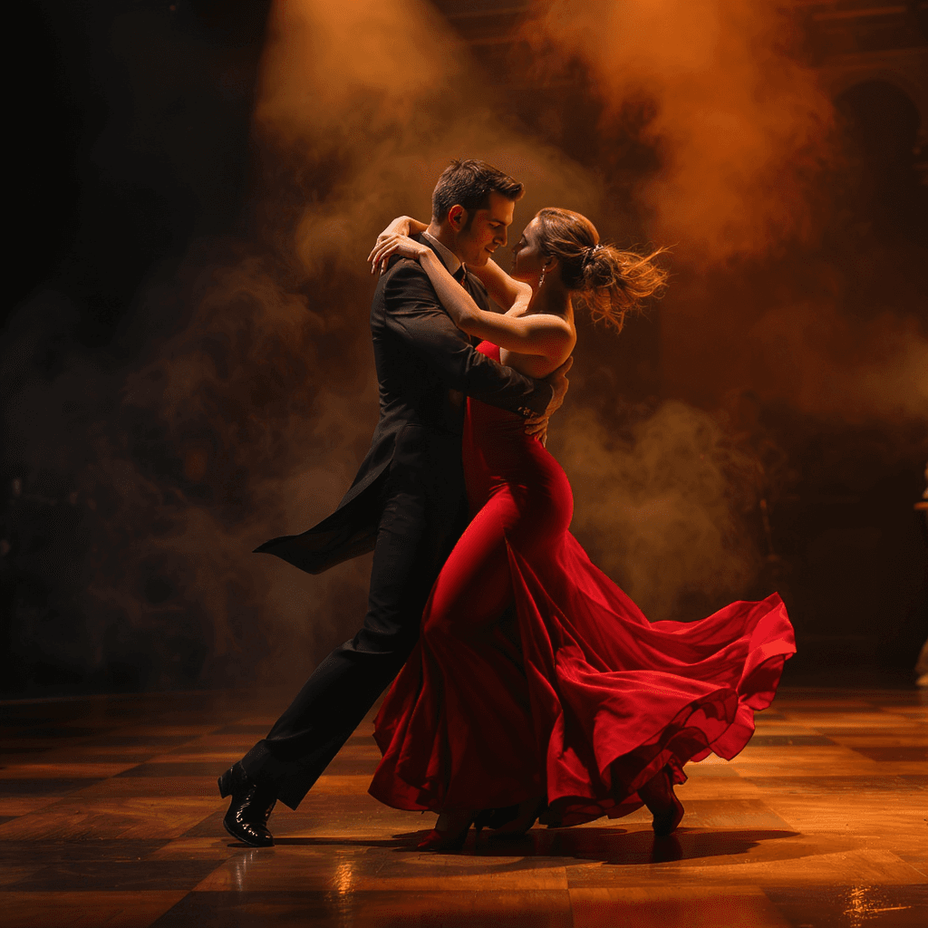 AI generated: A passionate Argentine tango couple in a dramatic dance position. The man wears a sharp black suit w...